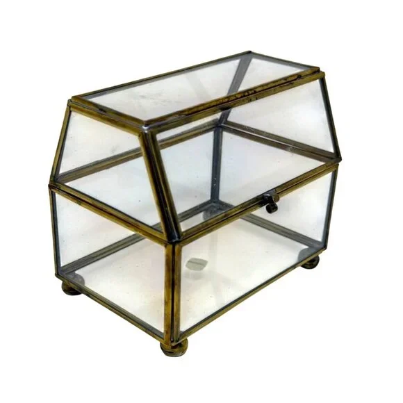 Brass Glass Jewelry Box Hinged Trinket Display Casket 4.5" T Footed Vintage MCM - Picture 9 of 9